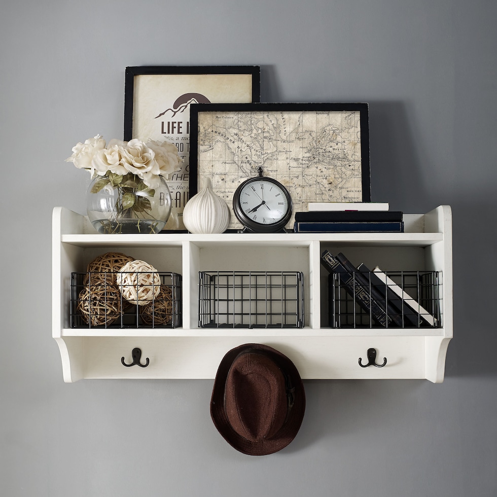 landon white entryway storage shelf   