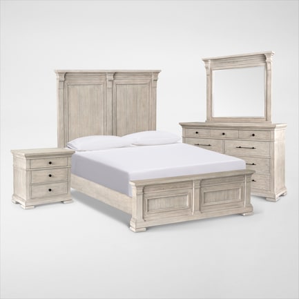 Lexington 6-Piece Queen Panel Bedroom Set with Dresser, Mirror, and Charging Nightstand - Sandstone
