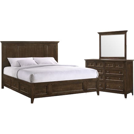 Lincoln 5-Piece Queen Storage Bedroom Set with Dresser and Mirror - Hickory