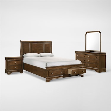 Louis 6-Piece Storage Bedroom Set with Dresser, Mirror and Nightstand - Queen