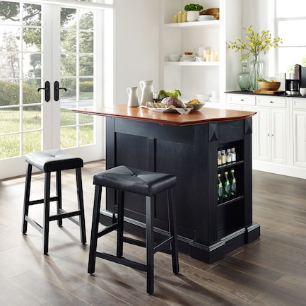 Luther Drop-Leaf Kitchen Island and Set of 2 Stools - Black