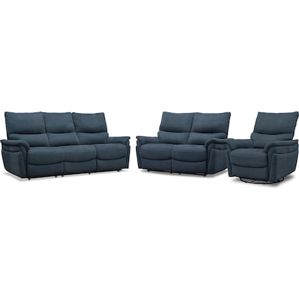 Maddox Triple-Power Reclining Sofa, Loveseat and Swivel Recliner - Blue