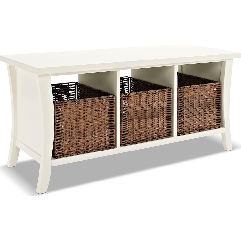 mae white entryway storage bench   