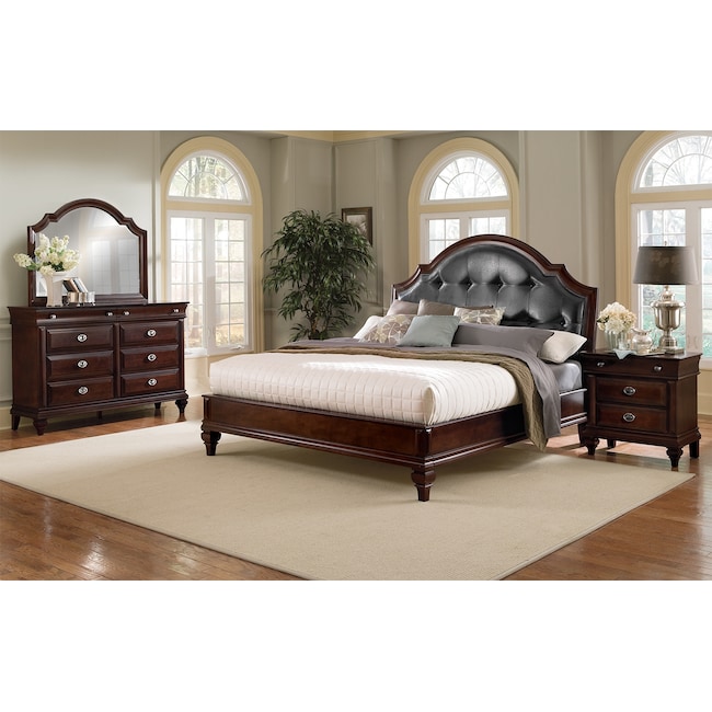 Bedroom Furniture - Manhattan 6-Piece Upholstered Bedroom Set with Nightstand, Dresser and Mirror