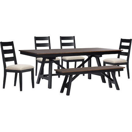 Maxwell Trestle Dining Table, 4 Upholstered Chairs and Bench - Black