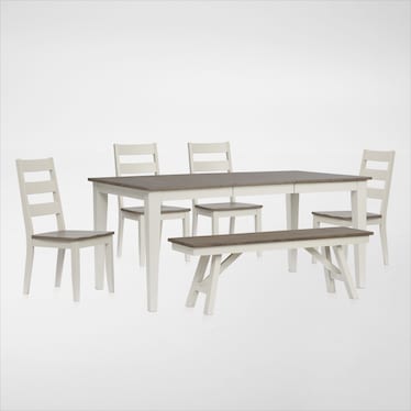 Maxwell Solid Wood Extendable Dining Table, Bench and 4 Dining Chairs - Gray