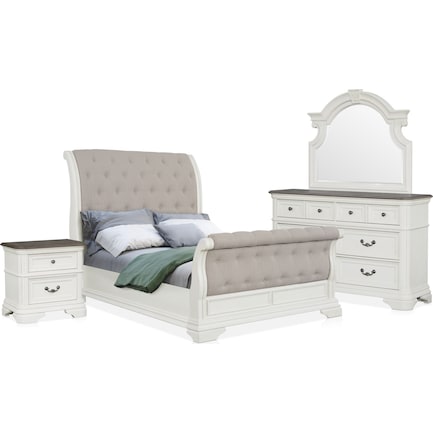 Mayfair 6-Piece King Upholstered Sleigh Bedroom Set with Nightstand, Dresser and Mirror