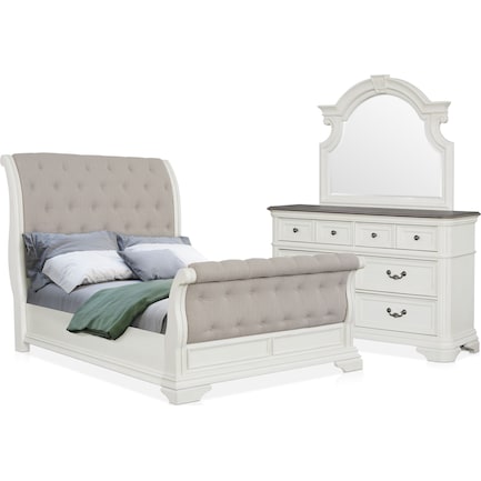 Mayfair 5-Piece Queen Upholstered Sleigh Bedroom Set with Dresser and Mirror