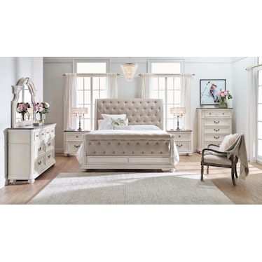 Mayfair 5-Piece Upholstered Sleigh Bedroom Set with Dresser and Mirror