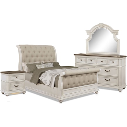 Mayfair 6 Piece Upholstered Sleigh Bedroom Set With Nightstand Dresser And Mirror American Signature Furniture
