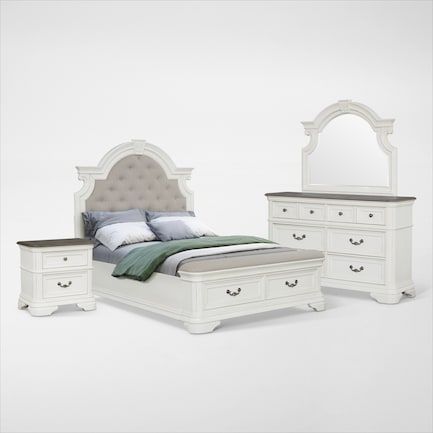 Mayfair 6-Piece King Upholstered Storage Bedroom Set with Nightstand, Dresser and Mirror