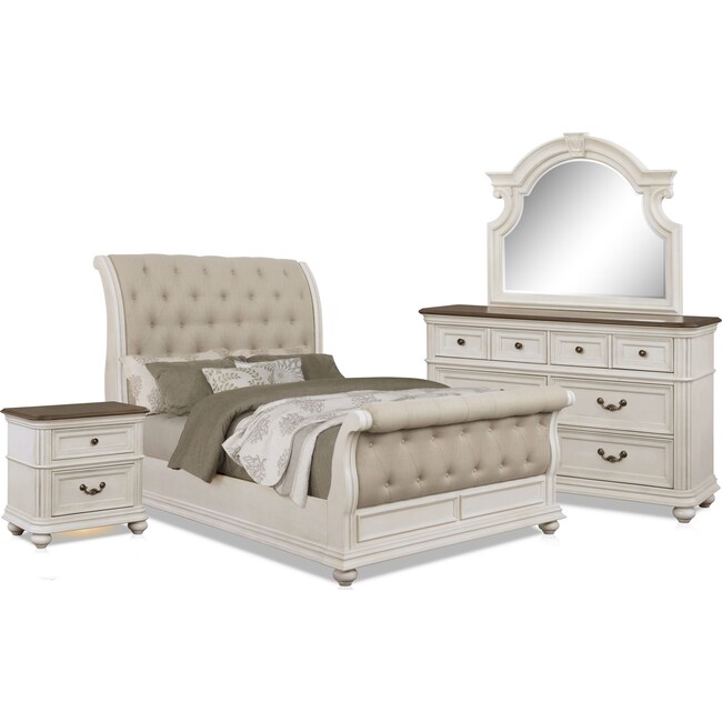 Bedroom Furniture - Mayfair 6-Piece Upholstered Sleigh Bedroom Set with Nightstand, Dresser and Mirror