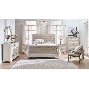 Mayfair 6-Piece Queen Upholstered Sleigh Bedroom Set with Nightstand, Dresser and Mirror