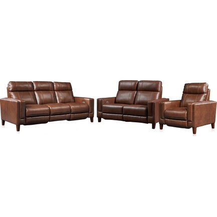 Oliver Dual-Power Reclining Sofa, Loveseat and Recliner - Brown