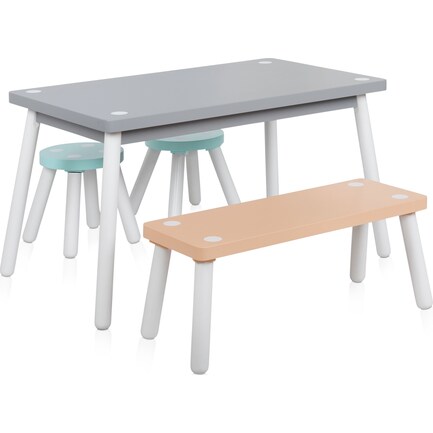 Pastel Table, 2 Stools and Bench