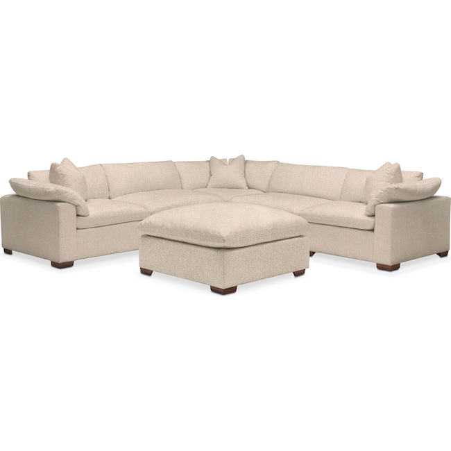 Living Room Furniture - Plush Performance 5-Piece Sectional with Ottoman - Halifax Shell