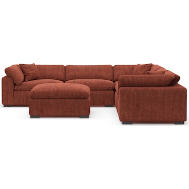 Plush Feathered Comfort 5-Piece Sectional and Ottoman - Contessa Paprika