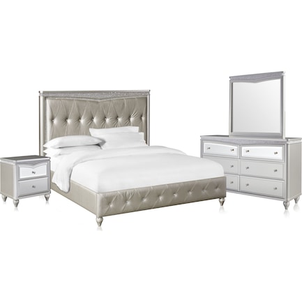 Posh 6-Piece Upholstered King Bedroom Set with Nightstand, Dresser and Mirror