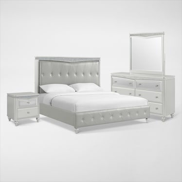Posh 6-Piece Upholstered Bedroom Set with Nightstand, Dresser and Mirror