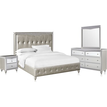 Posh 6-Piece Upholstered Queen Bedroom Set with Nightstand, Dresser and Mirror