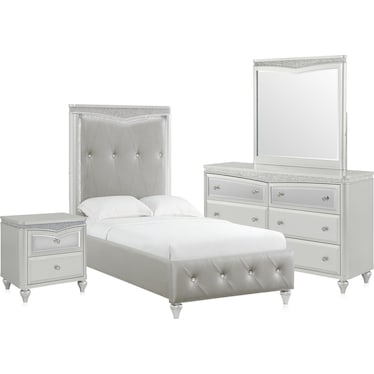 Posh 6-Piece Upholstered Youth Bedroom Set with Nightstand, Dresser and Mirror