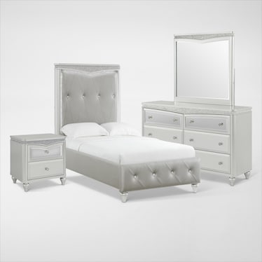 Posh 6-Piece Upholstered Youth Bedroom Set with Nightstand, Dresser and Mirror