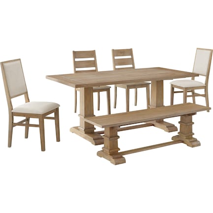 Ridgeline Dining Table, 2 Upholstered Chairs, 2 Dining Chairs and Bench