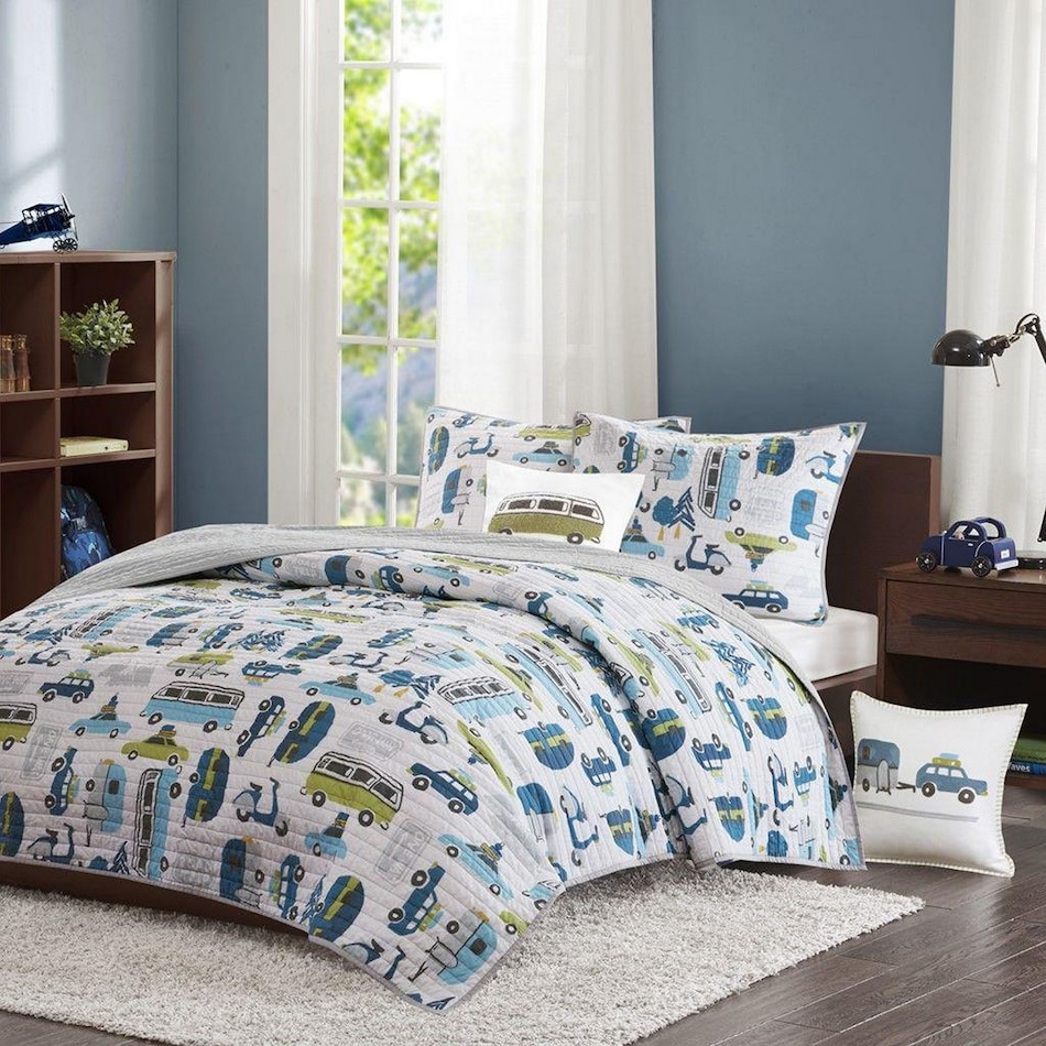 road trip blue and green full queen bedding set   