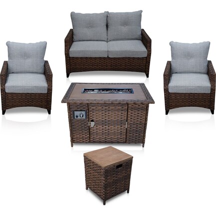 Santa Cruz Outdoor Loveseat, Set of 2 Chairs, End Table and Fire Table - Brown