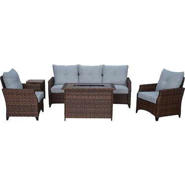Santa Cruz Outdoor Sofa, Set of 2 Chairs, End Table and Fire Table - Brown
