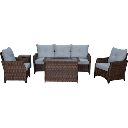 Santa Cruz Outdoor Sofa, Set of 2 Chairs, End Table and Fire Table - Brown