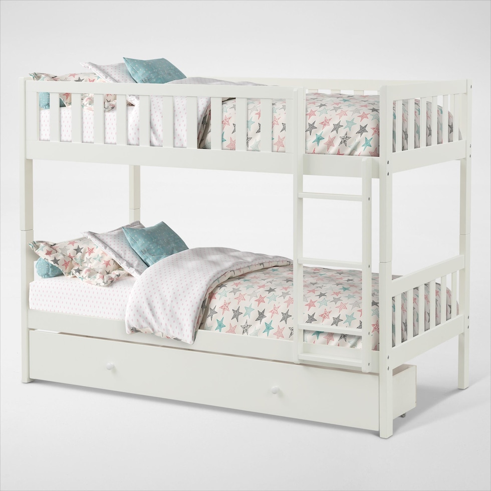scout white twin over twin bunk bed with drawer storage   