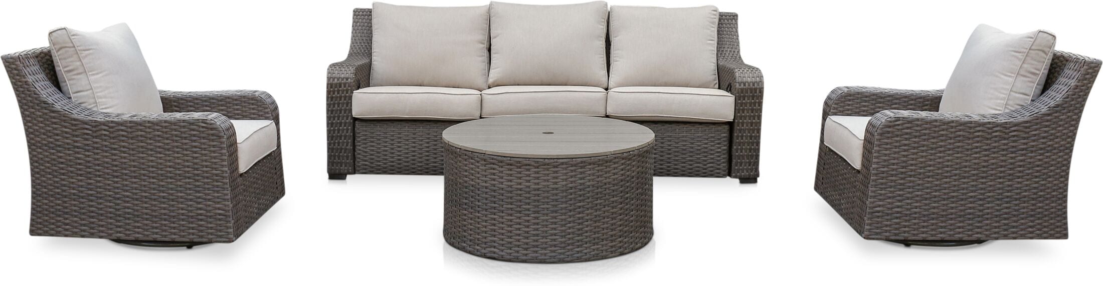 Shoreline Outdoor Reclining Sofa, 2 Swivel Chairs and Coffee Table