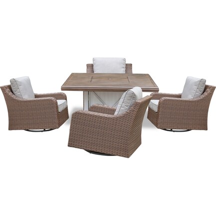 Shoreline Outdoor Fire Table and 4 Swivel Chairs - Pecan/White