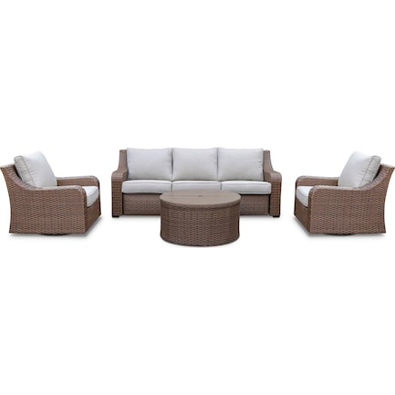 Shoreline Outdoor Reclining Sofa, 2 Swivel Chairs and Coffee Table - Pecan