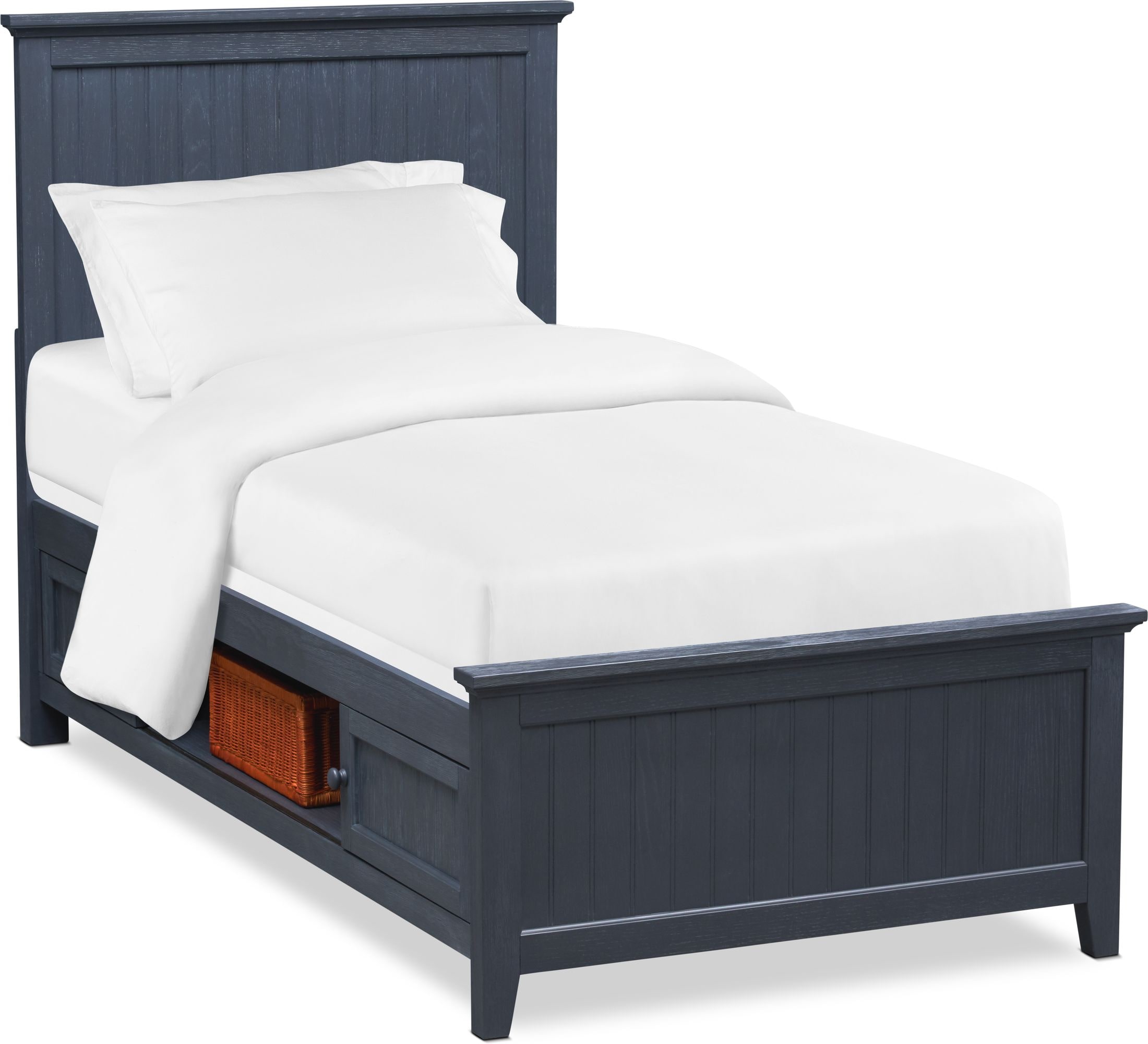 blue twin bed with storage