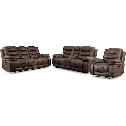 Sorrento Dual-Power Reclining Sofa, Loveseat and Recliner - Brown