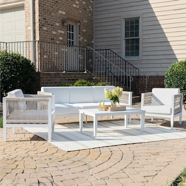 Stonehaven Outdoor Sofa, 2 Lounge Chairs and Coffee Table