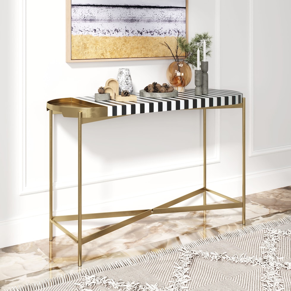 stripes white black gold console table   