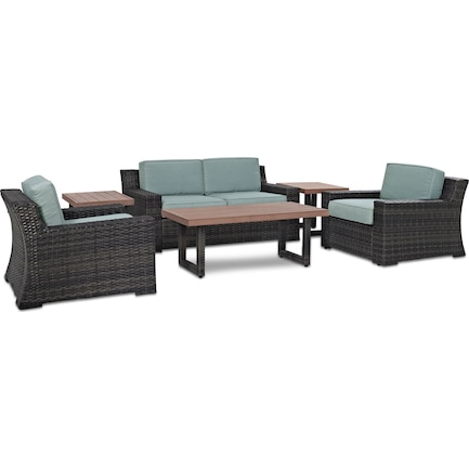 Tethys Outdoor Loveseat, 2 Chairs, Coffee Table, and 2 End Tables Set