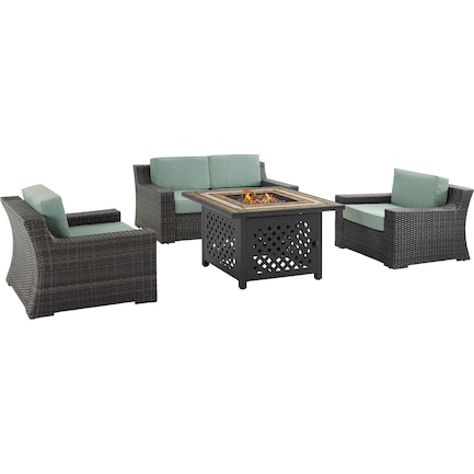 Tethys Outdoor Loveseat, 2 Chairs, and Fire Table Set - Mist