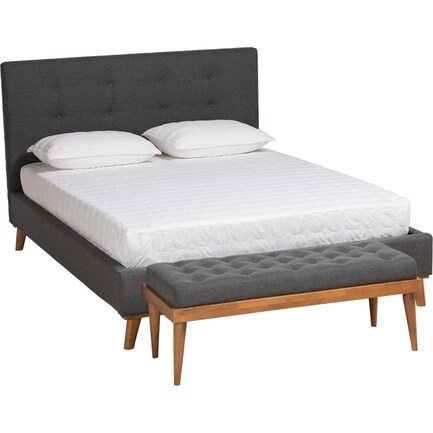 Teyah Full Upholstered Platform Bed and Bench - Dark Gray/Walnut