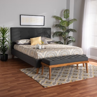 Teyah Full Upholstered Platform Bed and Bench - Dark Gray/Walnut