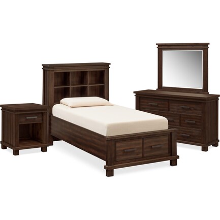 Tribeca Youth 6-Piece Full Bookcase Storage Bedroom Set - Tobacco