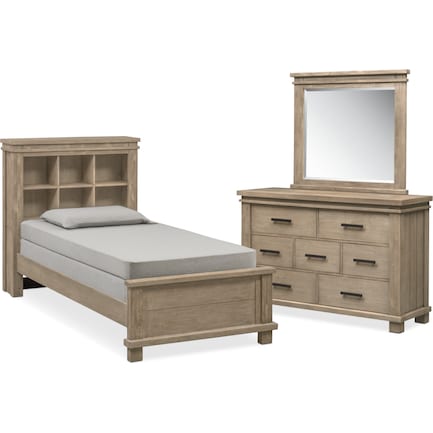 Tribeca Youth 5-Piece Twin Bookcase Bedroom Set with Dresser and Mirror - Gray