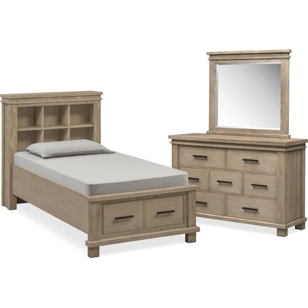 Tribeca Youth 5-Piece Twin Bookcase Storage Bedroom Set with Dresser and Mirror - Gray