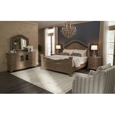 Tuscany 6-Piece King Panel Bedroom Set with Nightstand, Dresser and Mirror - Taupe