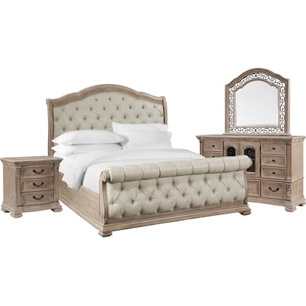 Tuscany 6-Piece Queen Sleigh Bedroom Set with Nightstand, Dresser and Mirror - Taupe