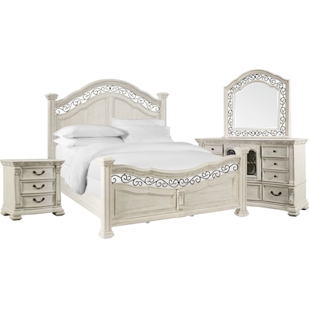 Tuscany 6-Piece King Panel Bedroom Set with Nightstand, Dresser and Mirror - Alabaster