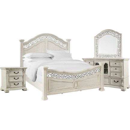 Tuscany 6-Piece Queen Panel Bedroom Set with Nightstand, Dresser and Mirror - Alabaster